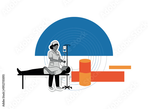 Monochrome nurse adjusting an IV drip while a patient rests calmly, large flat blue semicircle framing the upper composition, thin concentric circles radiating
