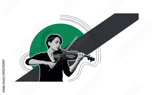 Black and white violinist captured mid-bow movement, bold emerald semicircle framing upper composition, deep charcoal diagonal stripe crossing layout, abstract