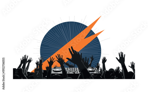 Monochrome crowd hands raised in front of a DJ console, dramatic contrast and vintage feel, large abstract circle behind in deep blue symbolizing stage