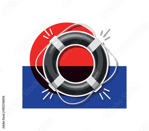 Black and white realistic lifebuoy ring centered composition, oversized vibrant red circle echoing its shape behind it, deep cobalt blue rectangular block