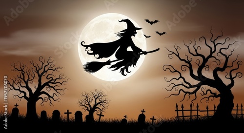 A witch flying on her broomstick under a full moon