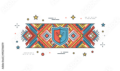 Folk art conservation theme illustrated through a patterned textile frame with a small shield badge, symbolizing protection of traditional designs and visual