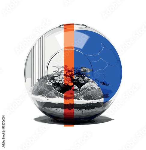 Black and white broken-open terrarium sphere revealing moss and small plants inside, bold orange vertical bar dividing interior and exterior space, blue