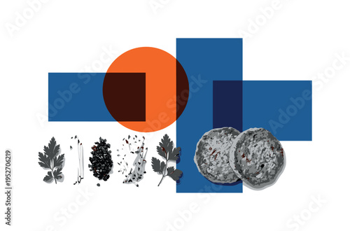 black and white grated zucchini and herbs arranged beside formed fritters, oversized orange circle and deep blue abstract rectangles layered behind, flat