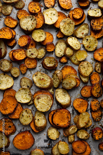 Sliced roasted root carrot and parsnip food texture background