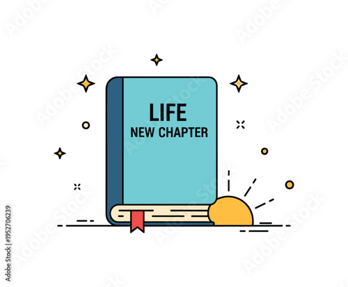Life new chapter metaphor closed book with a subtle sunrise icon emerging behind it, expressing personal growth and transition to a new phase. Minimalist flat
