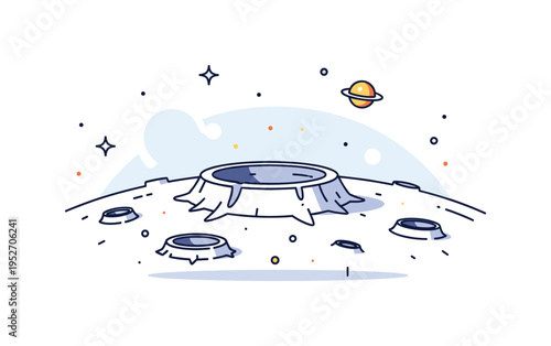 Lunar surface close up featuring a large crater as the main focal point with subtle star elements in the background. The composition communicates exploration