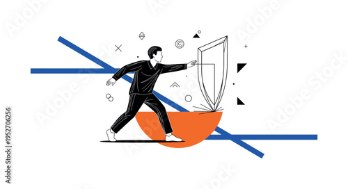 Black and white figure drawing an invisible line in the air forming a geometric shield shape, bright orange semicircle anchoring lower frame, blue diagonal