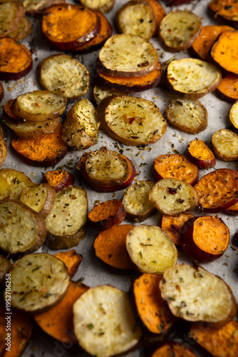 Sliced roasted root carrot and parsnip close up food