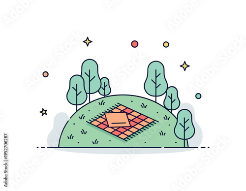 Hidden picnic glade simple blanket placed in a small forest clearing with gentle tree silhouettes around, expressing relaxation, escape, and connection with