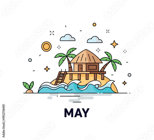 Tropical island resort escape in May with overwater bungalow and gentle waves, expressing peaceful seclusion and bright seasonal energy. Small palm leaf