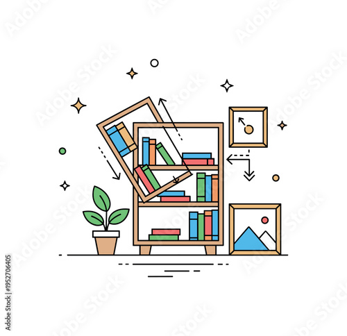 Space decluttering and rearranging scene built around a bookshelf shifting position with a small plant and framed picture adjusting nearby, symbolizing