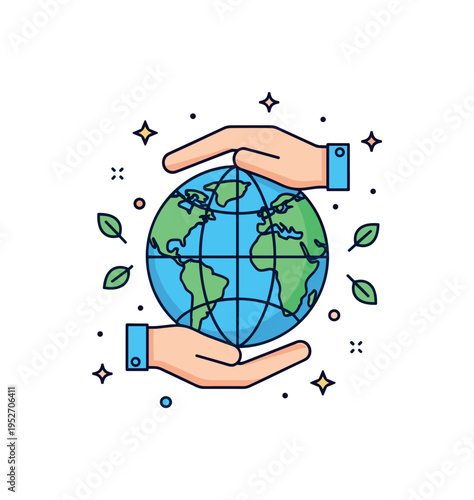 Global sustainability concept green and blue globe framed by two protective hands and tiny leaf accents, representing environmental care and shared