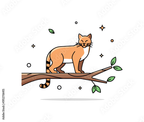 Wildcat perched on a tree branch expressing watchfulness and quiet strength in the wild. Minimal leaf accents and subtle sparkles add depth without distracting