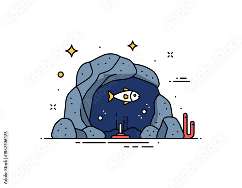 Hidden underwater ecosystem compact badge scene combining cave rocks, a glowing fish and tiny vent plume elements, representing the unique biodiversity of