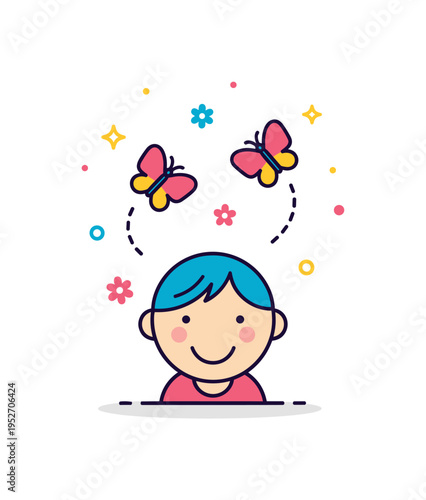 Innocent happiness theme featuring a smiling child figure beneath two hovering butterflies and small floral details, expressing pure delight and seasonal