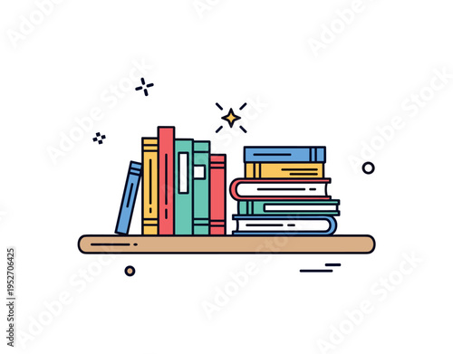 Minimalist book storage floating shelf with a small stack of books arranged by height and a subtle star accent, symbolizing curated reading and intentional