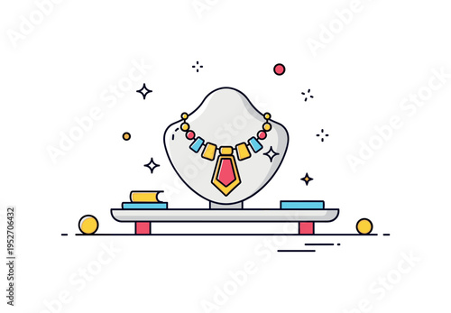 Jewelry tray luxury boutique display centered on a raised tray with a bold statement necklace and subtle sparkle details, symbolizing premium craftsmanship and