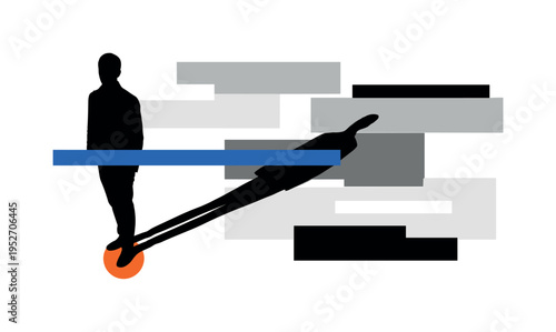 Black and white long dramatic shadow of a standing person stretching across the frame, bright orange circle positioned at the base of the feet and blue