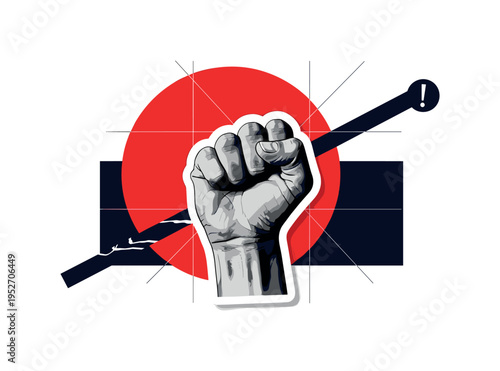 High-contrast monochrome clenched fist centered in the composition, sticker-like white contour around the hand, large bold red circle behind as an intense