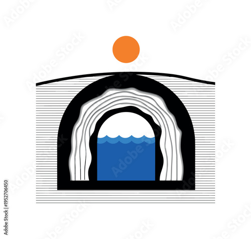 Black and white underground cavern arch shape enclosing a bold blue rectangular water mass, bright orange circular accent above ground like sun, thin