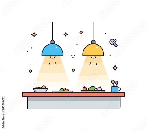 Task lighting concept hanging pendant fixtures casting focused light beams onto a kitchen island workspace, symbolizing practicality and efficient food