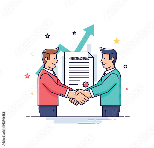 High stakes business deal two professionals shaking hands over a contract with a bold upward arrow chart in the background, expressing pressure, ambition and