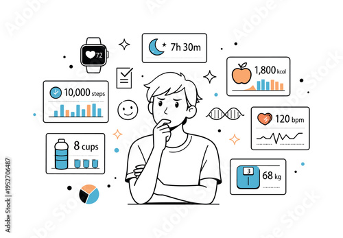 Health optimization overload awareness. A person surrounded by floating health app screens, charts, and trackers, looking thoughtful and slightly overwhelmed.