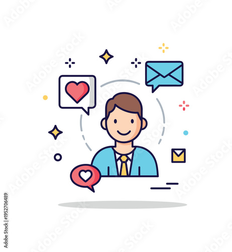 Social media presence profile card icon with floating heart and message symbols around a smiling avatar, representing online identity and daily digital