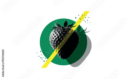 Black and white oversized strawberry silhouette casting bold shadow shape, vivid emerald green circle anchoring center, contrasting yellow diagonal stripe