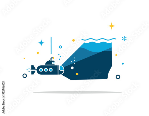 Deep ocean exploration small submarine silhouette descending toward a darker blue layer with subtle light beam detail, expressing curiosity, discovery, and