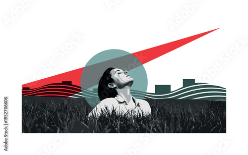 Black and white person lying in a meadow looking upward, bold teal circle behind the head like a quiet halo, red diagonal stripe energizing upper composition,
