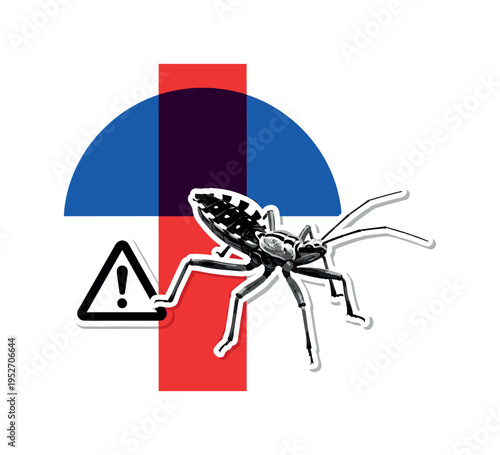 Black and white assassin bug in angular pose, vibrant cobalt semicircle framing the upper portion, bold red vertical stripe dividing composition, abstract