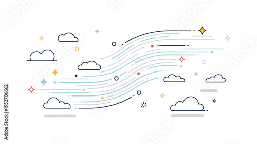 Cirrus streak patterns shown as thin elongated cloud lines sweeping across the sky, symbolizing high altitude winds and delicate atmospheric layers. A refined