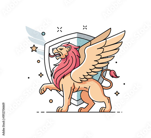 Griffin heraldic symbol winged lion creature posed proudly with subtle shield backdrop, conveying strength and mythical guardianship. Minimalist flat vector