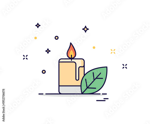 Candle relaxation ritual concept showing a burning candle beside a small leaf accent and tiny floating sparkles suggesting tranquility. A soothing visual