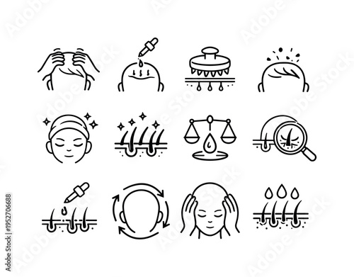 Scalp Care. Line icon set of Scalp Care: scalp massage, oil treatment, exfoliation brush, dandruff care, soothing treatment, clean scalp, balanced oil, scalp