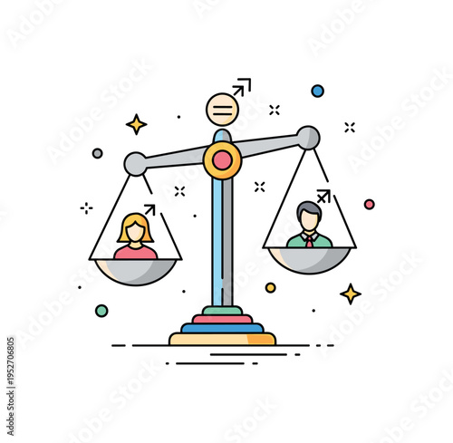 Gender equality symbol combining a balanced scale with integrated gender icons, suggesting fairness and equal opportunity in society. The badge-like
