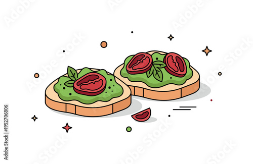 Bruschetta with pesto and sun dried tomatoes symbolizing traditional Italian recipes and vibrant summer taste. The rich green spread and deep red accents