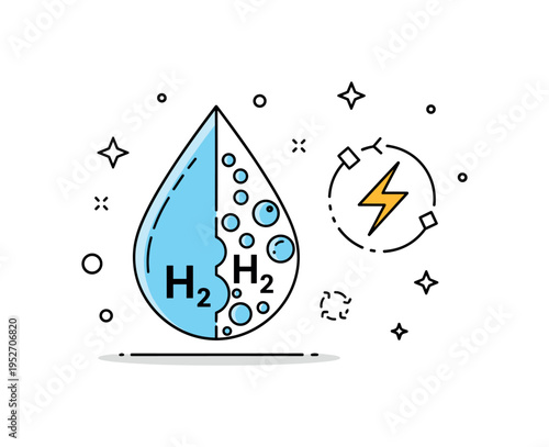 Biological hydrogen production concept with a water droplet divided into hydrogen bubbles and a subtle energy icon. The composition communicates innovative