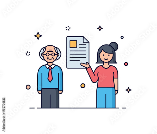 Intergenerational collaboration theme featuring a senior professional and a younger colleague standing side by side with a shared document icon between them,