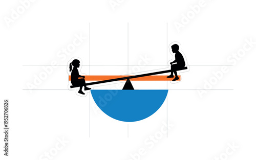 Black and white seesaw perfectly balanced with two identical child silhouettes, bright orange horizontal bar emphasizing equality, abstract blue semicircle