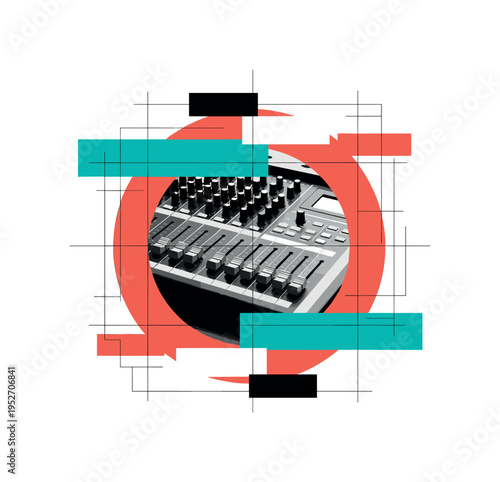 black and white sound mixing console with visible sliders, framed by bright coral circular form and teal rectangular shapes, thin structured grid lines and