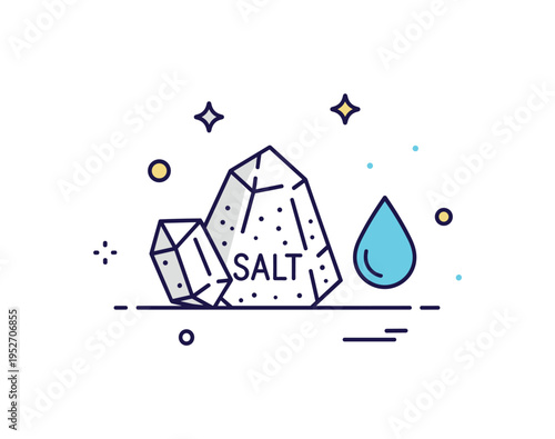 Salt mineral concept featuring a stylized salt crystal beside a small water droplet icon, symbolizing essential minerals and natural elements. Clean lines and