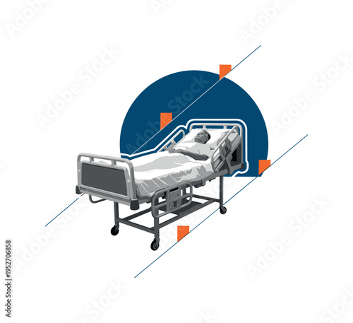 A monochrome retro-style hospital bed seen from a slight angle with a resting adult figure, deep blue semicircle framing the headboard area, thin diagonal