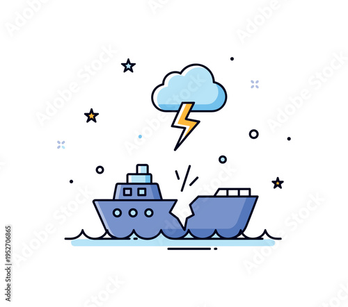 Storm aftermath concept broken ship silhouette partially submerged with a small lightning cloud above, representing the power of nature and maritime tragedy.