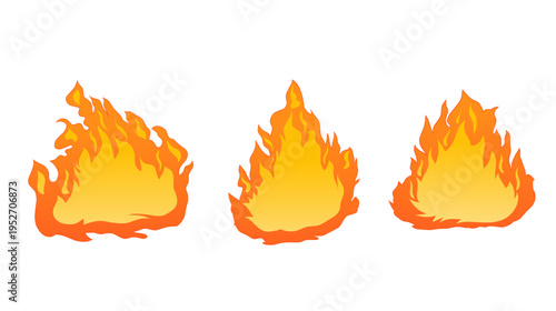 Three stylized cartoon fire illustrations with vibrant orange and yellow gradients. Minimalist vector design isolated on a white background, representing heat, energy, and combustion.