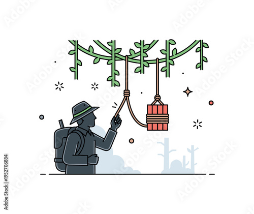Rainforest survival challenge featuring a cautious explorer silhouette noticing a rope snare beneath hanging vines, symbolizing alertness and quick reaction in