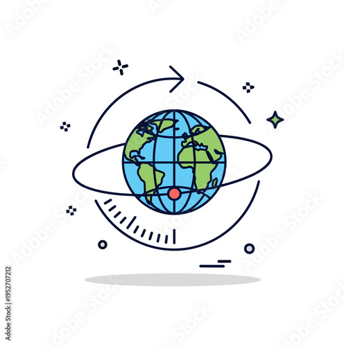 Planetary movement infographic icon showing a globe encircled by a clean circular arrow with minimal tick marks, symbolizing measurable rotation and scientific
