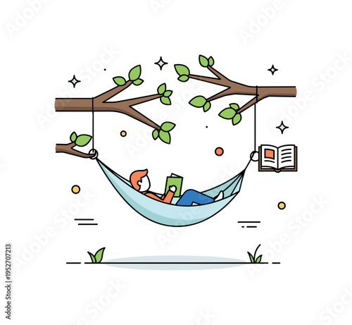 Quiet literary escape beneath tree branches with a hammock gently holding a reader and a small open book detail, expressing leisure, balance, and carefree